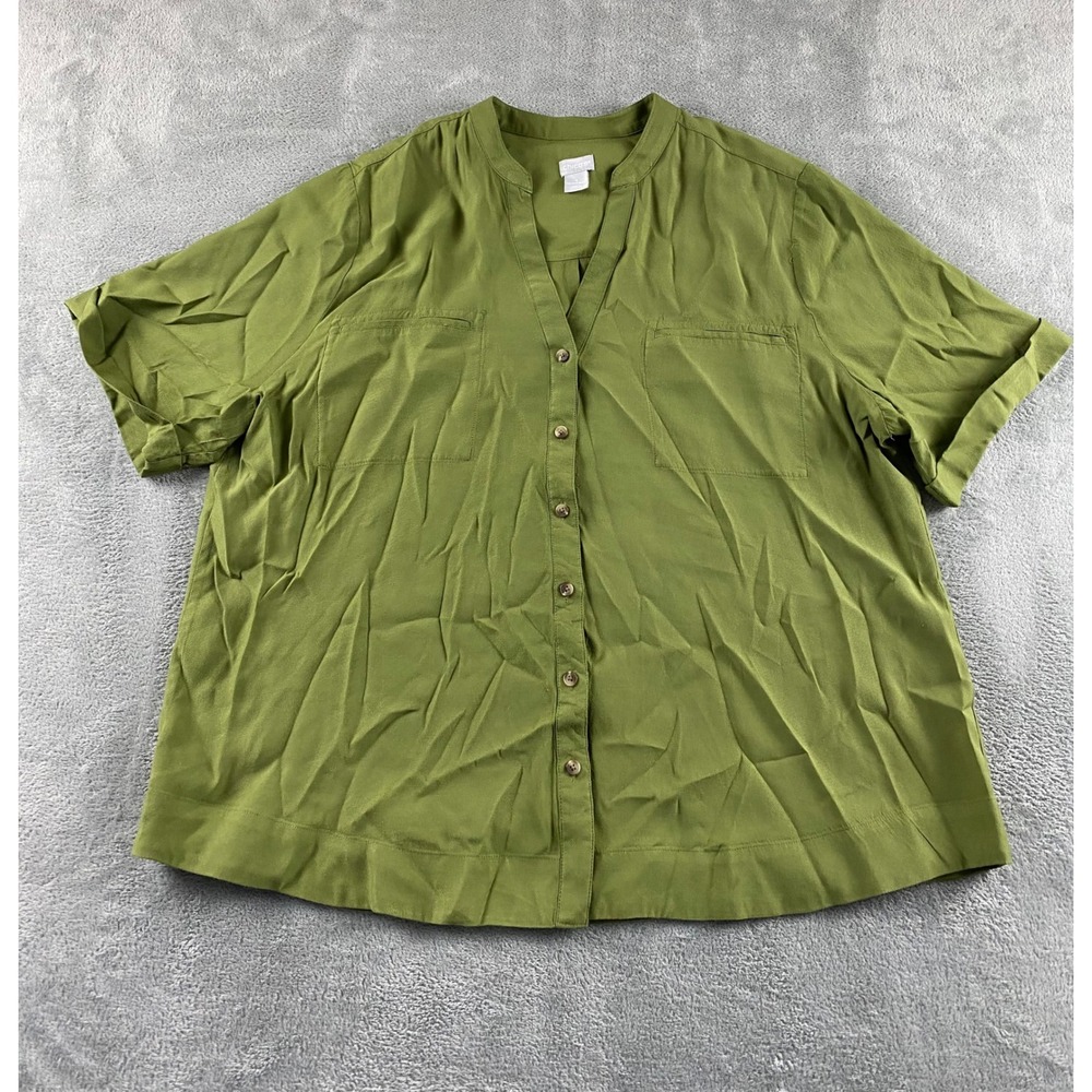 Chicos Women Olive Green Short Slv Button Down Blouse Viscose Top Size 4 20/22